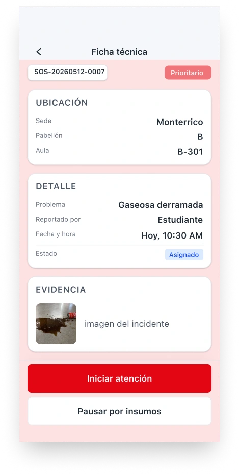 CampusLink support screen receiving an incident report